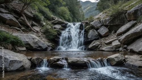 Mountain stream with cascading waterfall surrounded by rocks and trees offering serene nature landscape with space for text overlay.