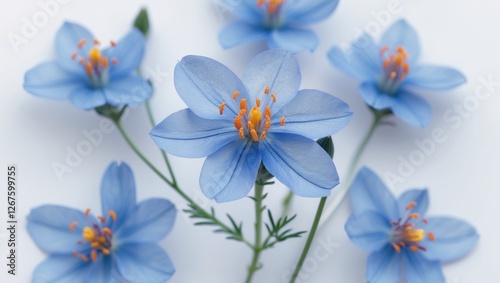 Delicate Close-Up of Mountain Centaury Flowers in Soft Blue with Orange Stamens on White Background Ideal for Nature and Floral Themes