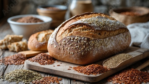 Freshly baked organic bread adorned with flax seeds surrounded by rustic ingredients on a wooden table in a countryside setting