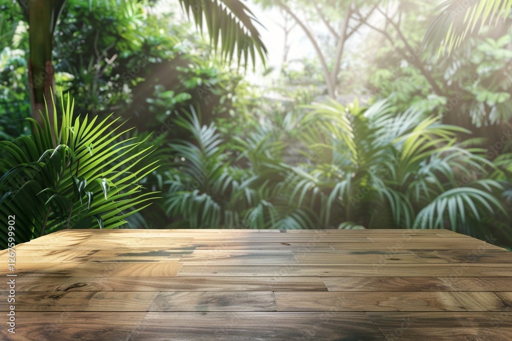 3D wooden table with a tropical forest or garden background for product placement 3D wooden table with a tropical forest or garden background for product placement