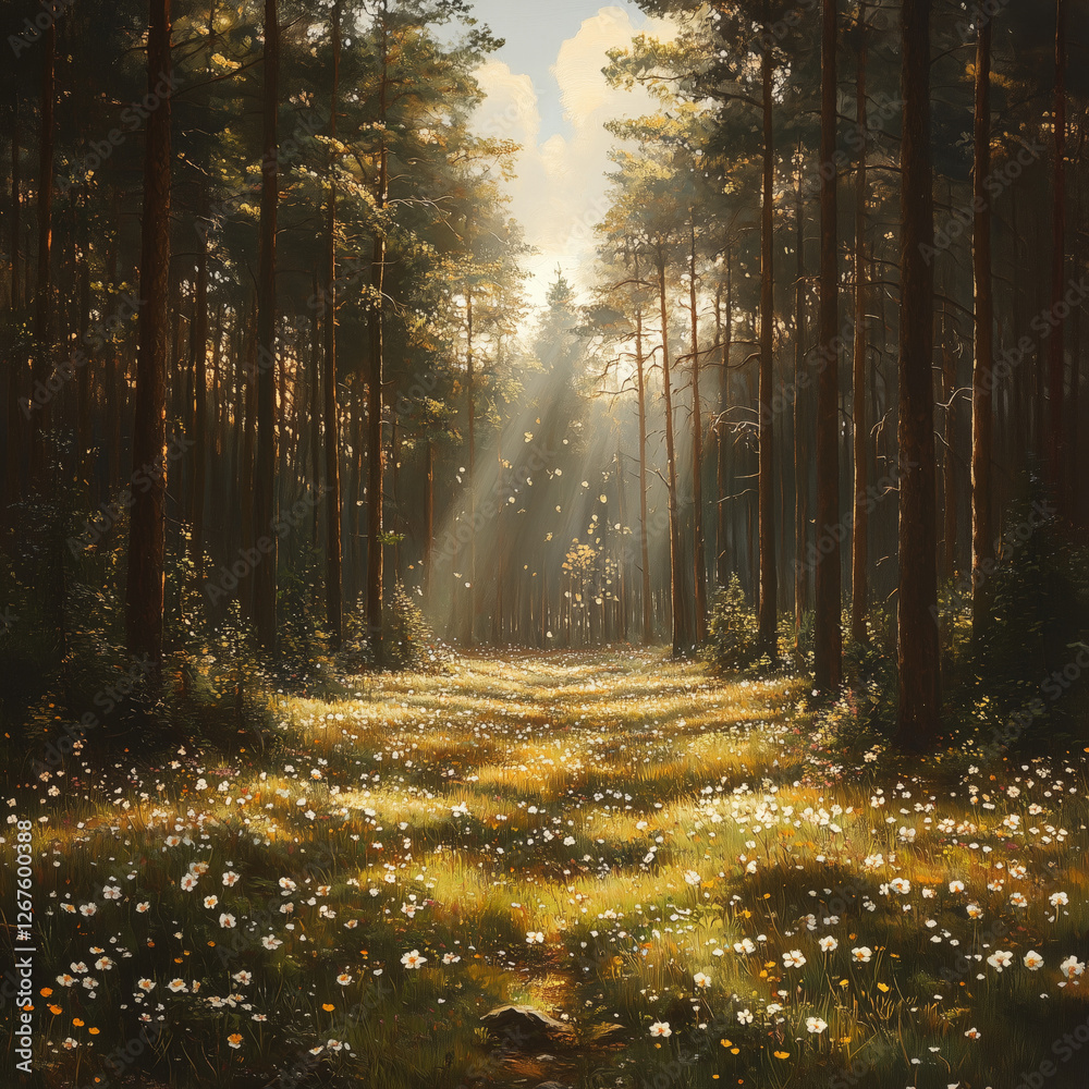 Obraz premium A serene forest clearing illuminated by soft sunlight, with wildflowers blooming on the grassy ground and tall trees casting long shadows.