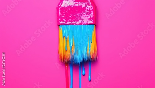 Brightly colored paint drips from a brush against a vivid pink background.