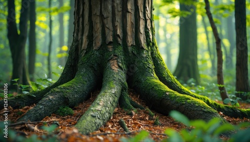 Moss-covered roots of an ancient tree in a lush forest setting with dappled sunlight filtering through the leaves Copy Space