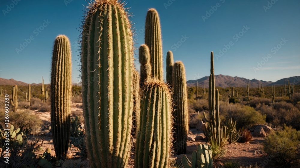Desert Landscape Featuring Tall Cacti Under Clear Blue Sky in Natural Habitat Desert Landscape Featuring Tall Cacti Under Clear Blue Sky in Natural Habitat