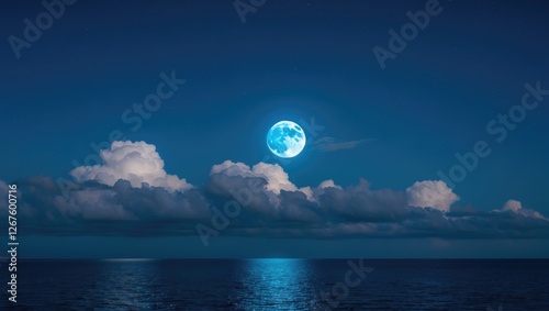 Calm Sea Under a Blue Moonlit Sky with Clouds and Space for Text or Design Elements in a Serene Night Landscape