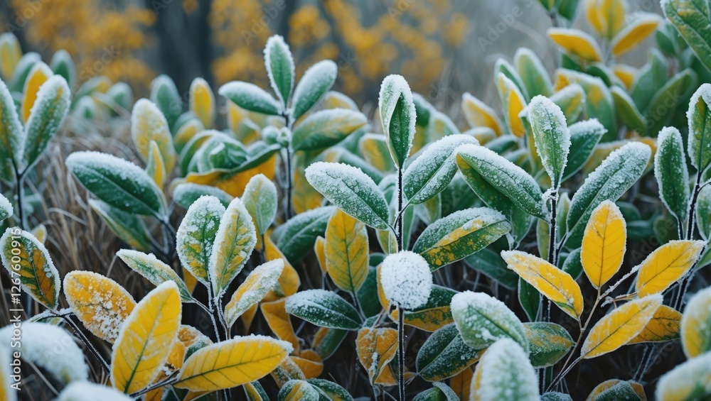 Obraz premium Frosted foliage with vibrant green and yellow leaves captured in macro detail showcasing the beauty of winter's touch on nature's palette.