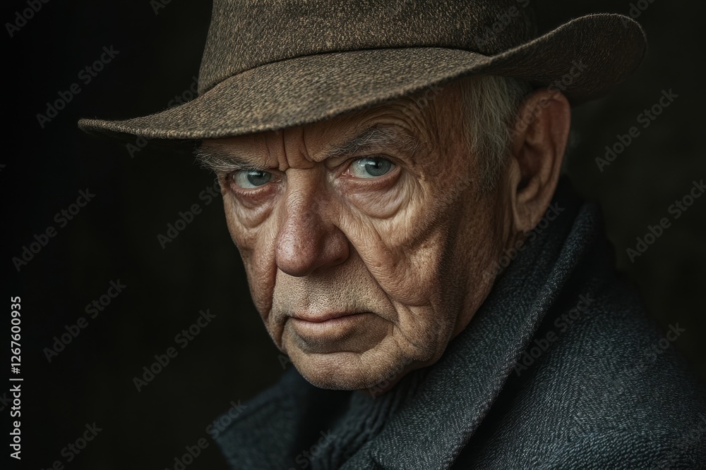Elderly man with intense gaze wearing a hat in low light setting Elderly man with intense gaze wearing a hat in low light setting