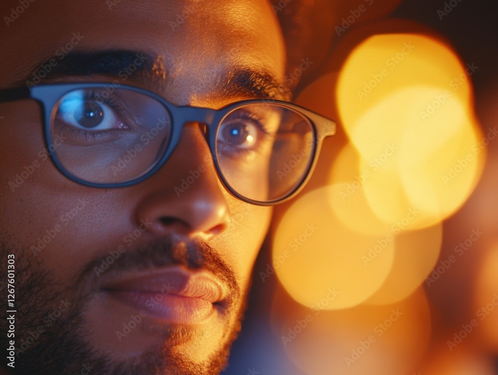 close-up of a man wearing glasses looking at lights close-up of a man wearing glasses looking at lights