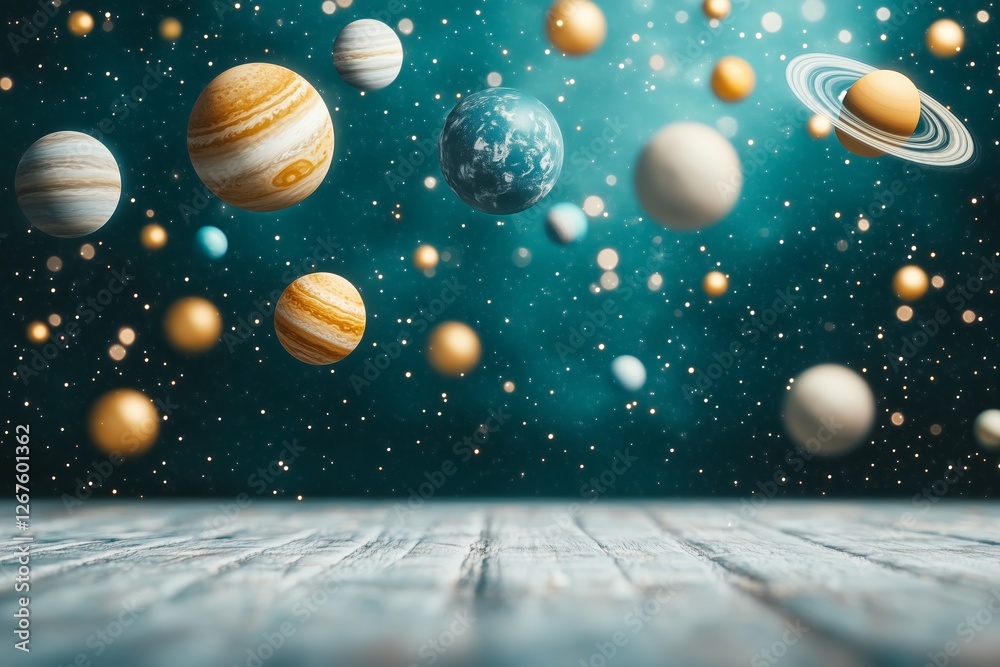 Naklejka premium A mesmerizing digital artwork depicting a surreal scene where planets of various sizes and textures float above an endless ocean.