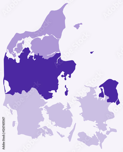 Map of Denmark with regions. Just a simple country border map with region division. Deep purple color palette. Plain Denmark shape with administrative division. Vector illustration.