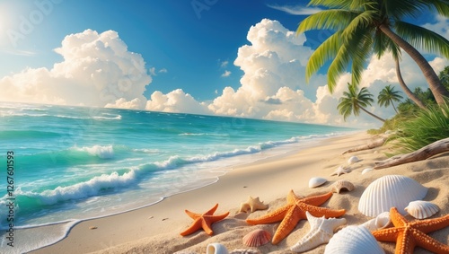 Tropical Beach with Turquoise Ocean Waves and Starfish under a Bright Sunny Sky Ideal for Travel and Vacation Promotions