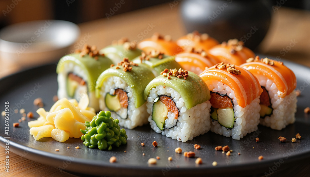 A plate of assorted sushi rolls with various toppings and garnishes A plate of assorted sushi rolls with various toppings and garnishes