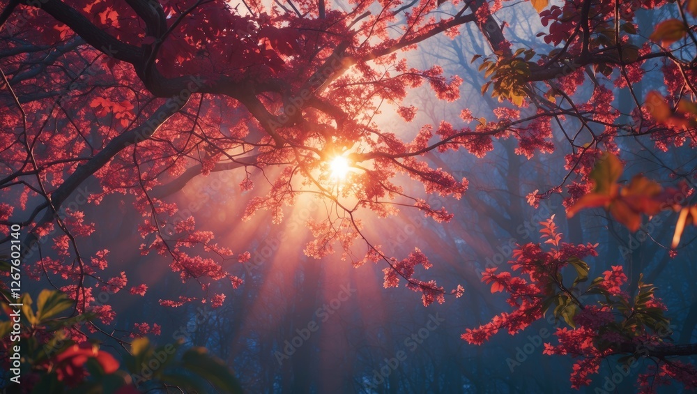 Fototapeta premium Morning sunlight filtering through vibrant branches creating a serene atmosphere with ample space for text or graphics in a tranquil forest scene