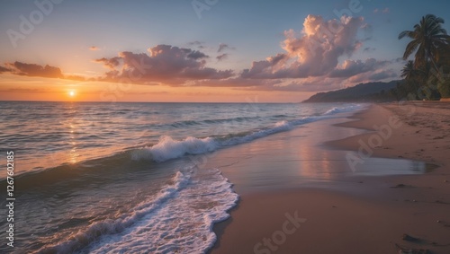 Tranquil Beach Scene at Sunset with Gentle Waves and Lush Palm Trees on Serene Shoreline