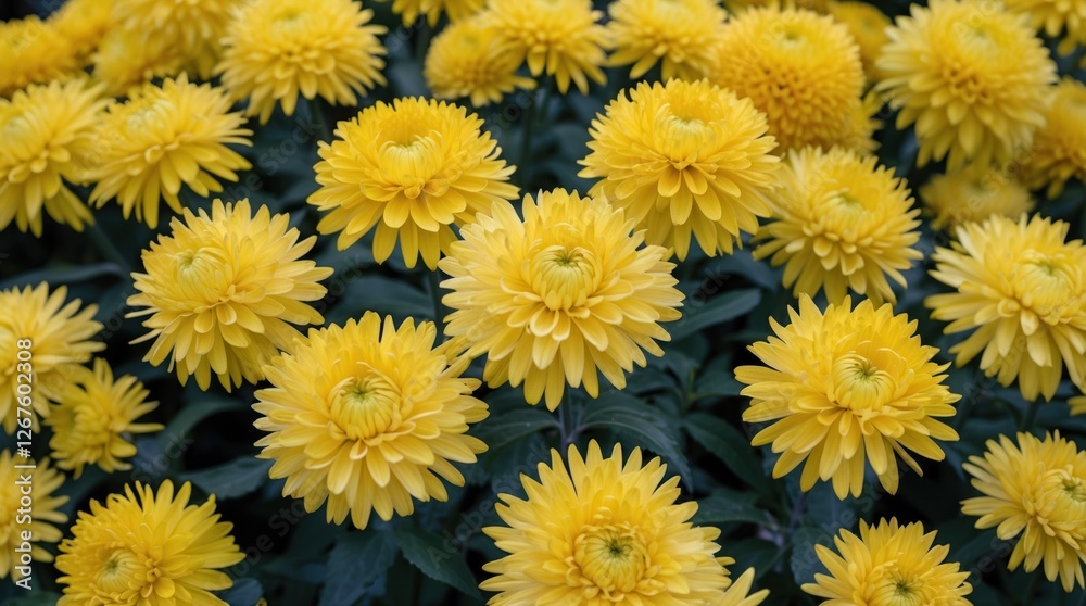 Vibrant yellow chrysanthemums in full bloom with lush green leaves nature background Copy Space Vibrant yellow chrysanthemums in full bloom with lush green leaves nature background Copy Space