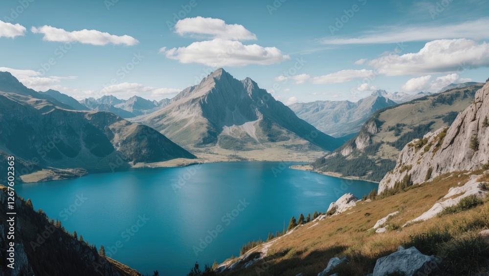 Obraz premium Scenic Mountain Landscape with Serene Lake and Clear Blue Sky Featuring Ample Empty Space for Text or Graphics