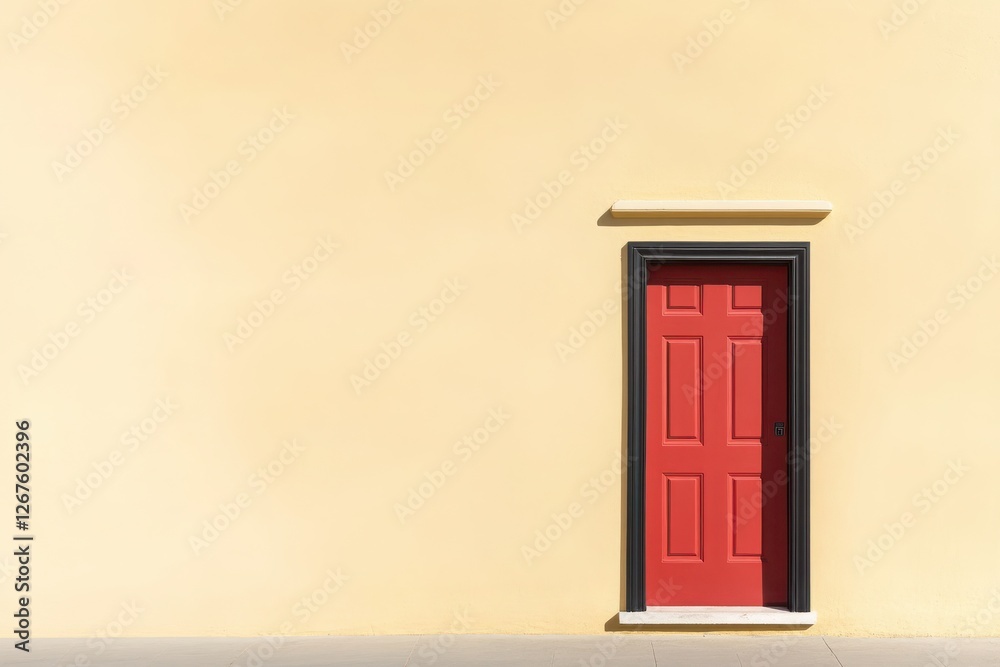 Bold Contrast: A minimalist composition featuring a red door with a sleek black frame, set against a soft beige background. Bold Contrast: A minimalist composition featuring a red door with a sleek black frame, set against a soft beige background.