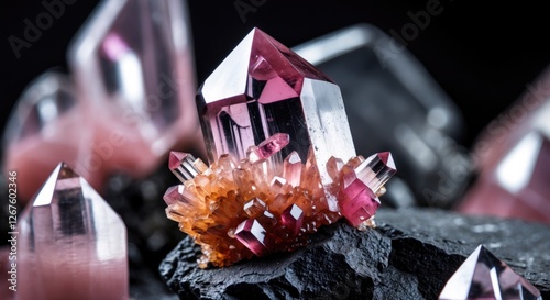 Macro shot of vibrant pink Tourmaline crystals atop Lepidolite with a black background showcasing intricate mineral textures and colors.