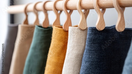 A wooden clothes rack with various colored fabrics hanging from it. photo