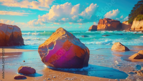 Serene Coastal Landscape with Vibrant Rock Formation on Tranquil Beach at Sunset Under Dramatic Sky and Gentle Ocean Waves