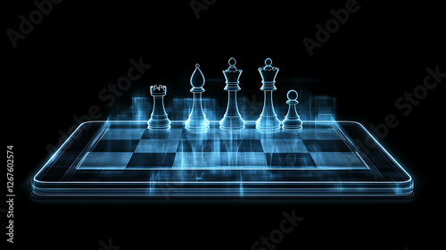 Digital Chessboard Displaying Chess Pieces with Futuristic and Abstract Holographic Design Style