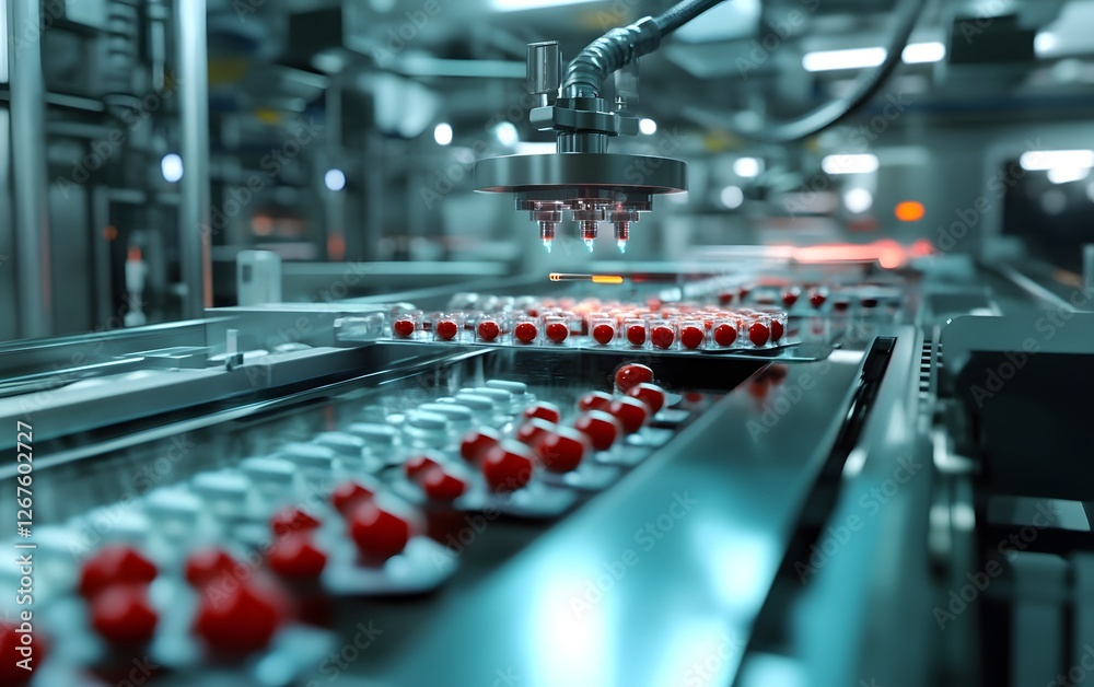 Obraz premium A modern automated production line showcasing technological advancements in the manufacturing sector, featuring robotic arms efficiently handling red containers on a conveyor belt.