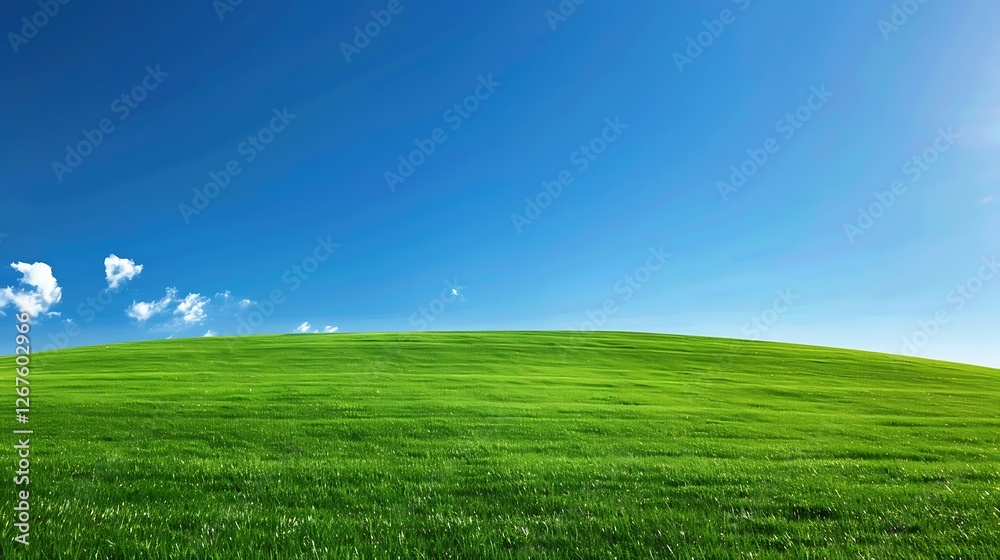 Fototapeta premium Lush Green Field Under Clear Blue Sky with Fluffy White Clouds