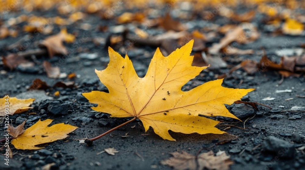 Yellow maple leaf on dark ground with scattered leaves in the background showcasing autumn season detail Copy Space Yellow maple leaf on dark ground with scattered leaves in the background showcasing autumn season detail Copy Space