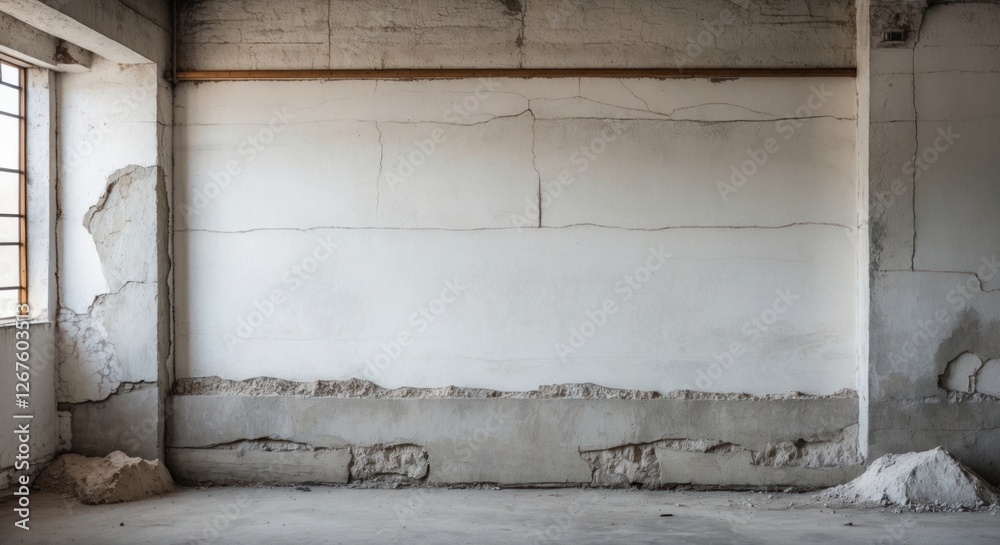 Interior of an abandoned building featuring cracked and peeling plaster walls with visible texture and concrete floor, ample Copy Space. Interior of an abandoned building featuring cracked and peeling plaster walls with visible texture and concrete floor, ample Copy Space.