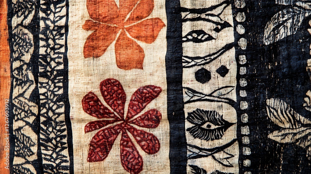 Vibrant Textile with Floral and Abstract Motifs Vibrant Textile with Floral and Abstract Motifs