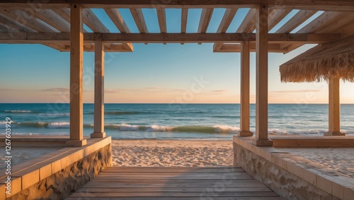 Serene coastal view from wooden pavilion overlooking tranquil beach and ocean at sunset with gentle waves and clear sky
