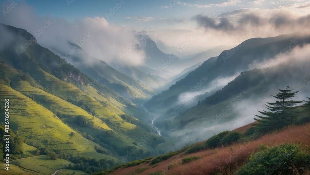 Obraz premium Serene Misty Mountain Valley with Lush Greenery in a Nature Reserve Under Soft Cloud Cover