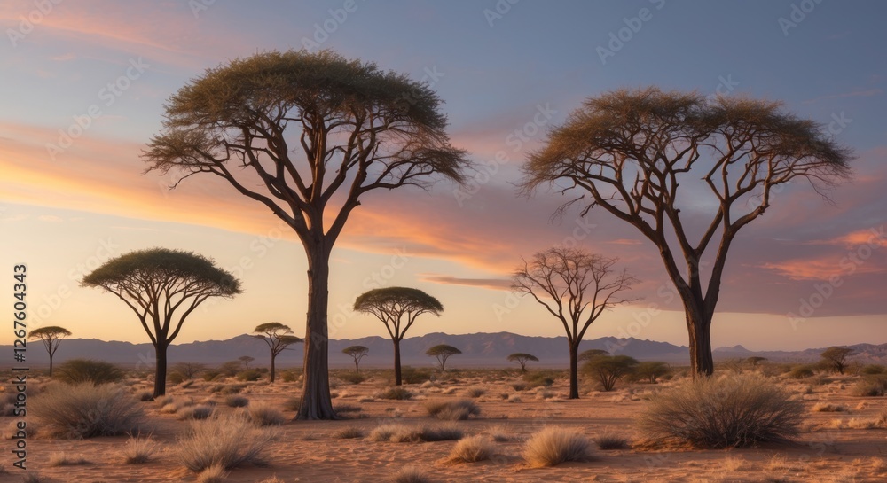 Desert landscape with acacia trees against a colorful sunset sky showcasing serene natural beauty and tranquility in arid environments. Desert landscape with acacia trees against a colorful sunset sky showcasing serene natural beauty and tranquility in arid environments.