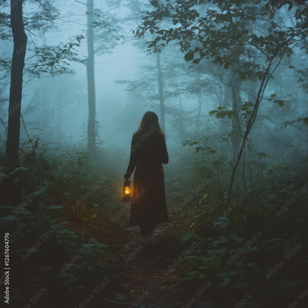 Fototapeta premium Enchanting Forest Path with Lantern and Misty Atmosphere