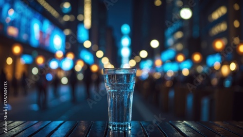 Urban Nightlife Scene with a Glass of Water in the Foreground and Blurred City Lights Background photo