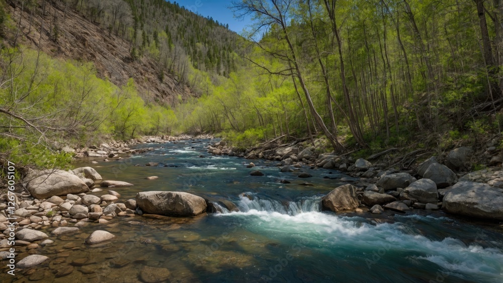 Fototapeta premium Spring Serenity at North Fork River Surrounded by Lush Forests and Majestic Mountains in a National Forest Landscape