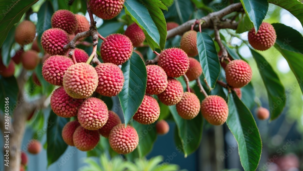 Ripe Lychee Fruit Hanging On Tree Branch With Lush Green Leaves And Copy Space For Text In A Tropical Garden Setting Ripe Lychee Fruit Hanging On Tree Branch With Lush Green Leaves And Copy Space For Text In A Tropical Garden Setting