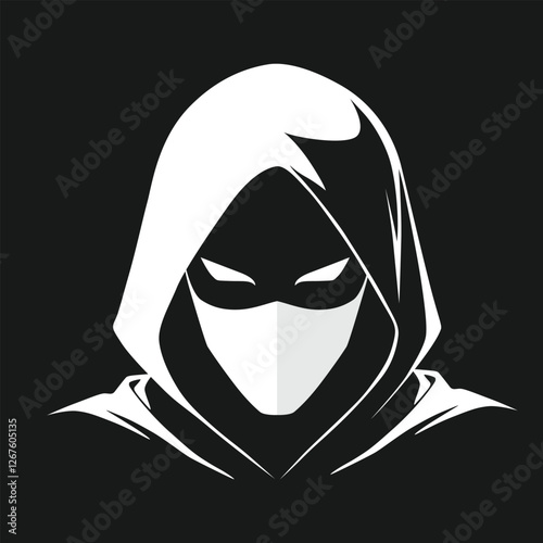 Mysterious Hooded Masked Figure in Black and White Logo, Hacker Logo 