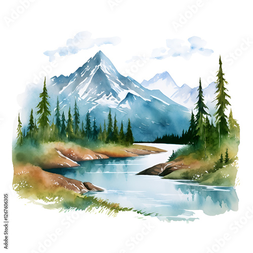 Watercolor clipart river and mountains