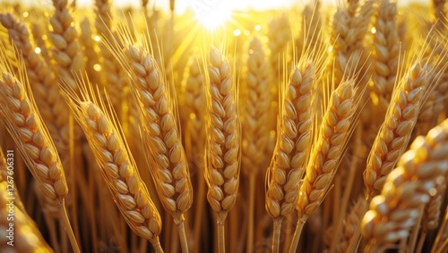 Golden Wheat Ears Bathed in Sunlight Close-Up Highlighting Quality Harvest for Agriculture, Grain Trade and Market Dynamics