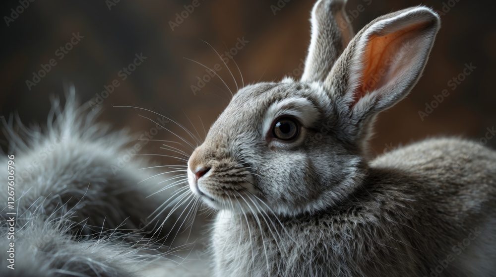 Fototapeta premium Close-up of a gray rabbit showcasing detailed fur texture in a softly lit studio setting.