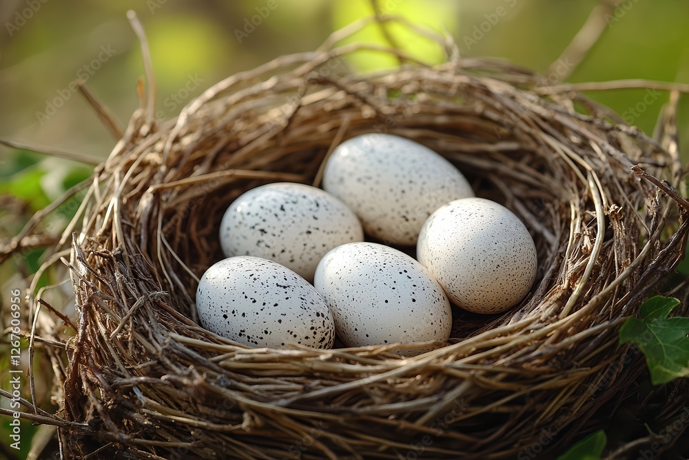 Close-up of bird’s nest with five speckled white eggs, soft sunlight filtering through green leaves, natural texture, symbolizing new life, spring, and nature’s beauty. Close-up of bird’s nest with five speckled white eggs, soft sunlight filtering through green leaves, natural texture, symbolizing new life, spring, and nature’s beauty.