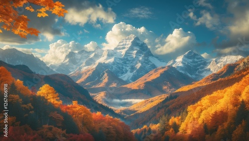 Majestic autumn mountains with vibrant foliage and dramatic clouds under a serene sky in a breathtaking natural landscape scene.