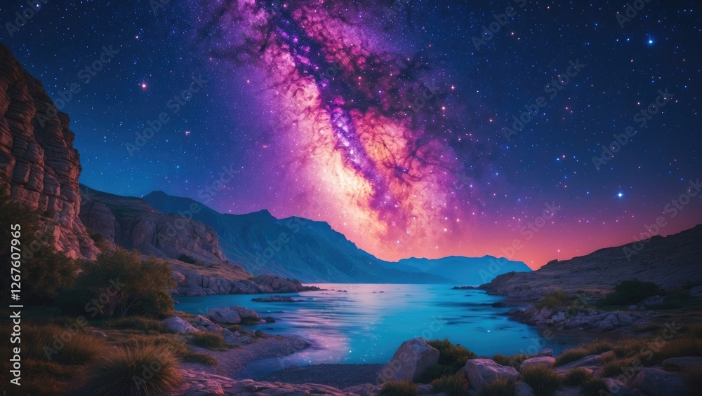 Fototapeta premium Stunning Night Sky Over Serene Landscape with Stars and Milky Way Galaxy Reflected in Calm Waters