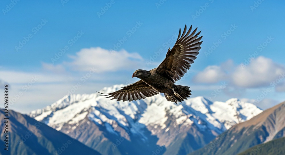 Fototapeta premium A Kākā in Flight, Its Wings Outstretched, Against a Backdrop of Snow-Capped Mountains in New Zealand