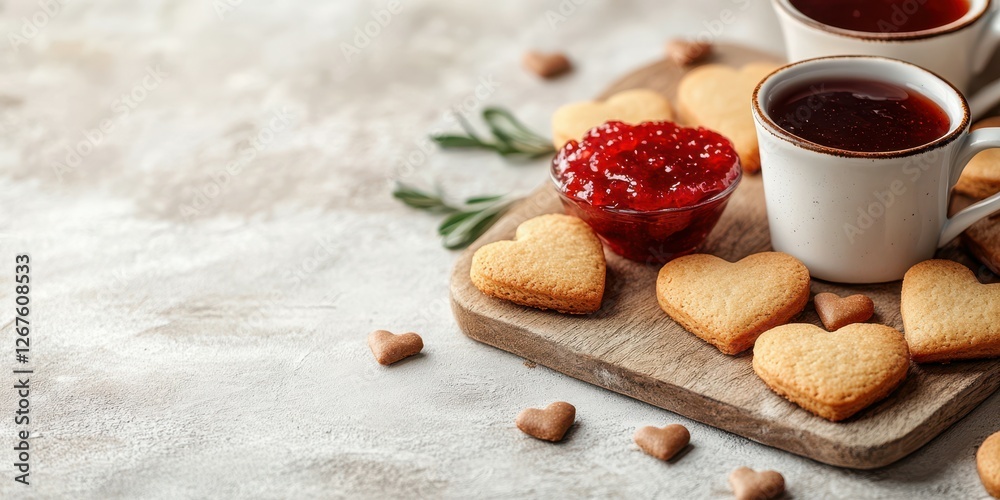 Heart-shaped cookies and tea in a cozy setting with jam on a wooden board during a relaxing afternoon Heart-shaped cookies and tea in a cozy setting with jam on a wooden board during a relaxing afternoon