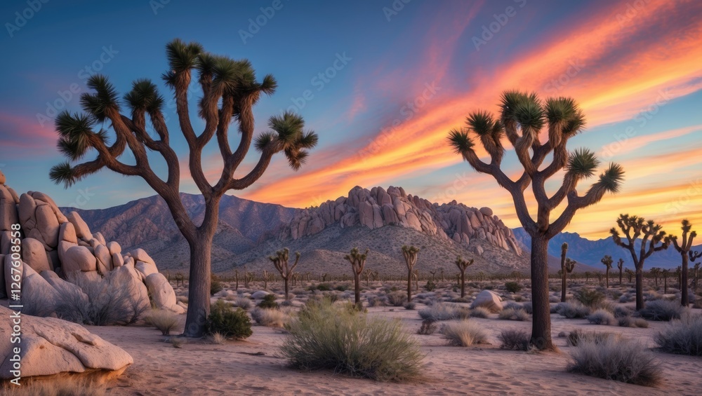 Obraz premium Majestic Joshua Trees under a colorful sunset with mountains in the background showcasing the beauty of California's desert landscape.
