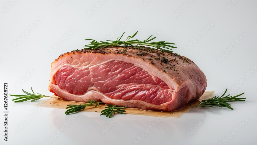 Freshly cut meat with herbs isolated on a white background ideal for culinary and food-related projects or advertisements. Freshly cut meat with herbs isolated on a white background ideal for culinary and food-related projects or advertisements.
