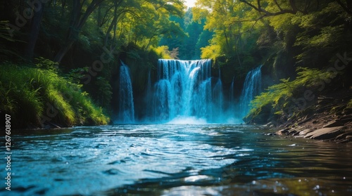 Serene waterfall cascading into a tranquil river surrounded by lush greenery and sunlight filtering through the trees.