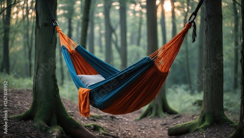 Hammock Relaxing Between Trees In Serene Forest Setting Ideal For Nature Retreats And Outdoor Leisure Activities photo